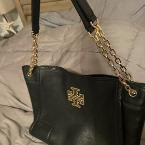 Tory Burch Black Leather Tote Bag with Gold Accents